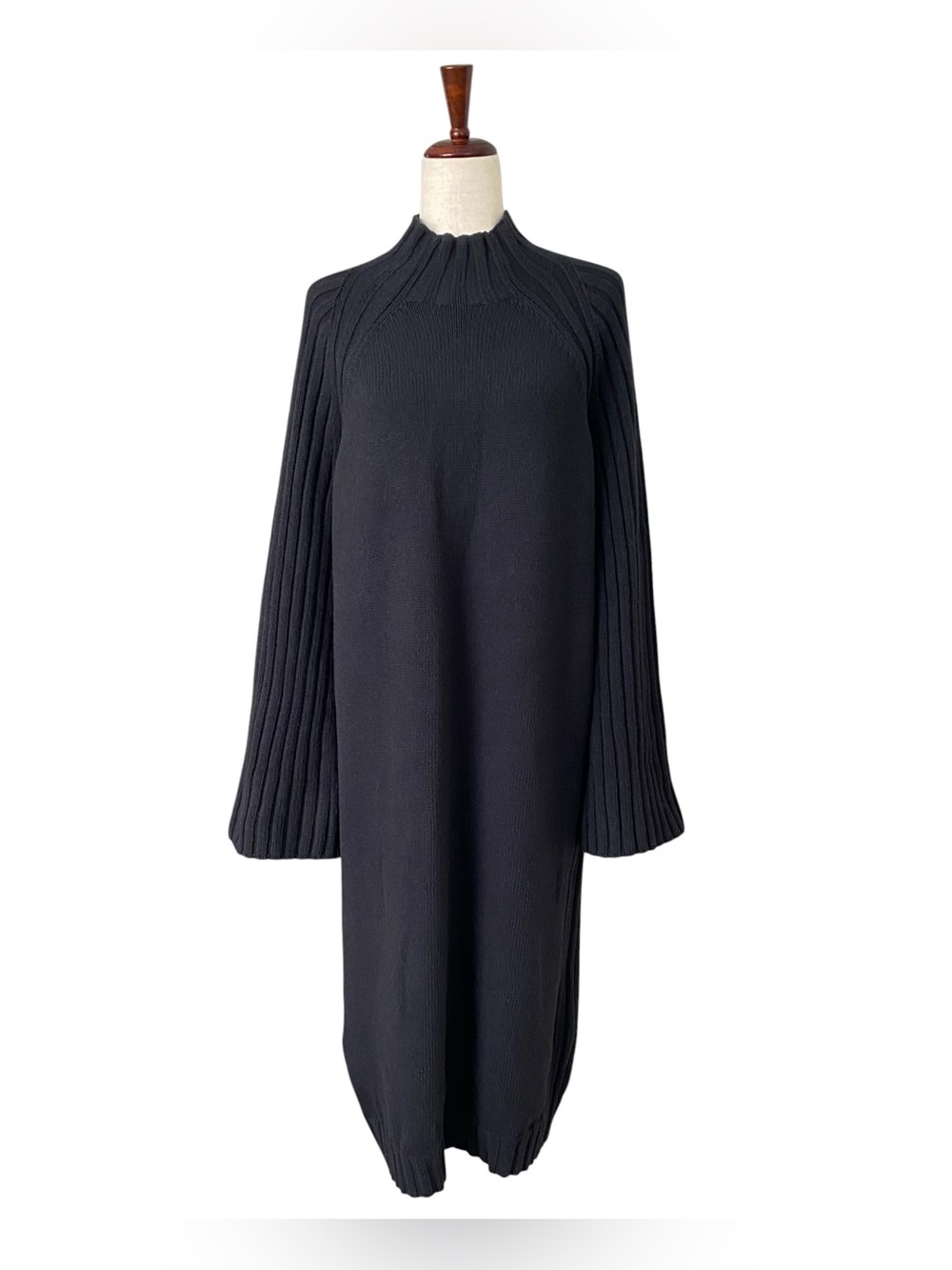 Barbour Vera Knitted Black Sweater Bell Sleeve Mock Neck Midi Dress Size Medium